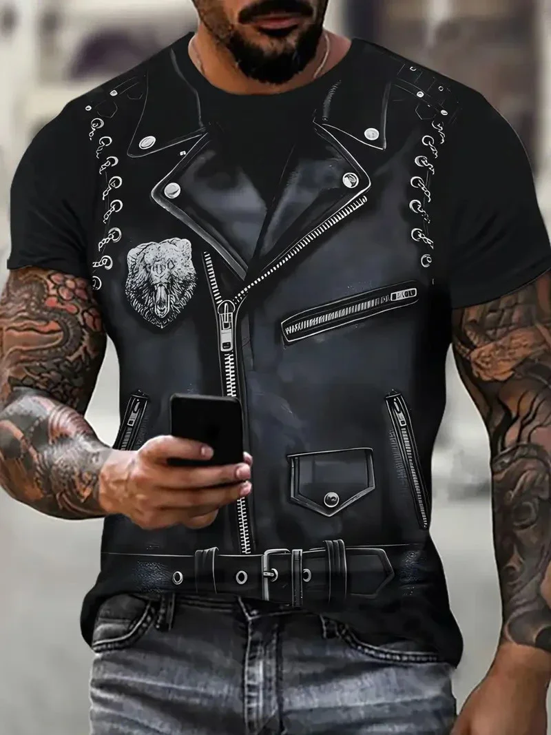 Men's Faux Leather Biker Jacket Bear Print T Shirt Casual Crew Neck Short Sleeve Tees 3D Graphic Tops for Rock Style Outfits