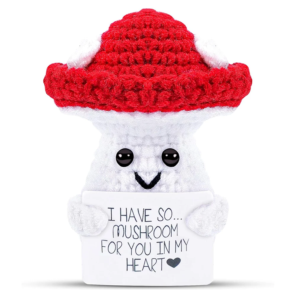 Funny Positive Energy Mushroom Hug Pocket Doll Mini Handmade Plush Knitted Plant Ornament Home Room Decoration Christams Gift