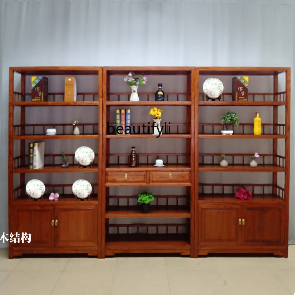 Bogu solid wood Chinese bookshelf storage elm goods tea rack