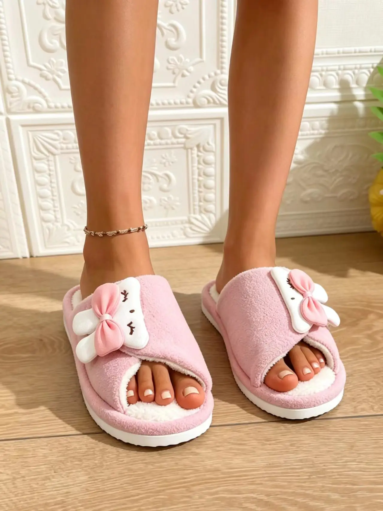 

Cute Rabbit Bowknot Velcro Open-Toe Slippers for Women, Adjustable Elastic for All Seasons, Plush Non-Slip Soft-Soled Home Shoes