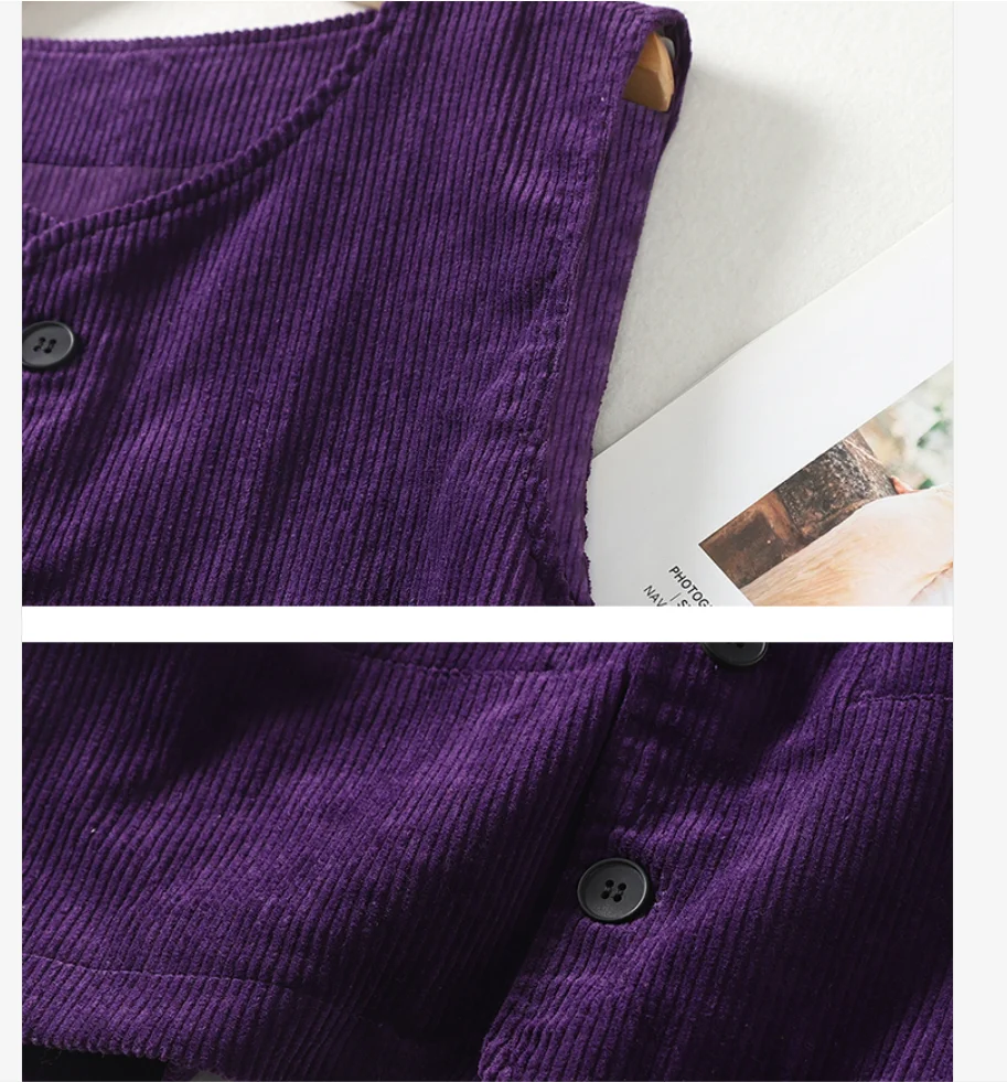 Spring Autumn Women Corduroy Vest Coat Vintage Khaki Black Purple Brown Sleeveless Jacket Cardigan Elegant Cotton Waistcoat Top