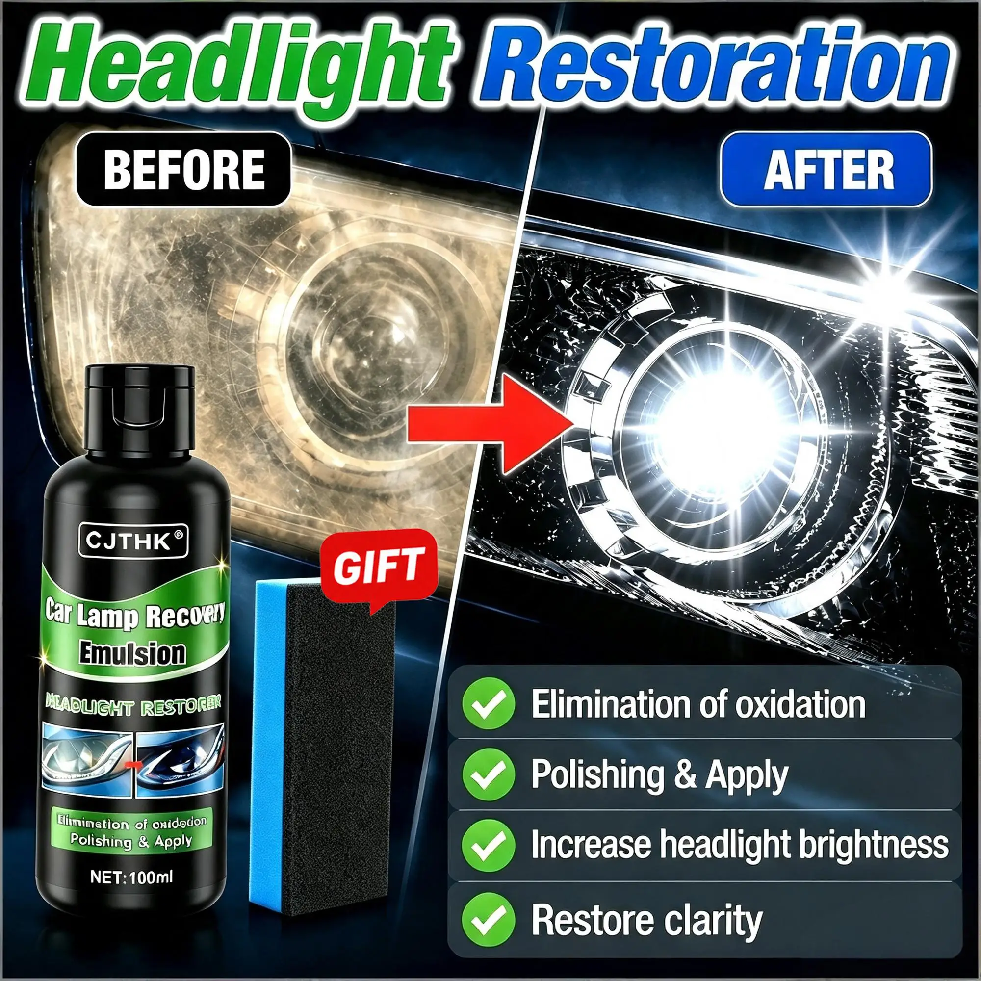 Car Headlight Restoration Polishing Kits Headlamp Scratch Remover Repair Cleaning Paste Remove Oxidation Headlight Polish Liquid