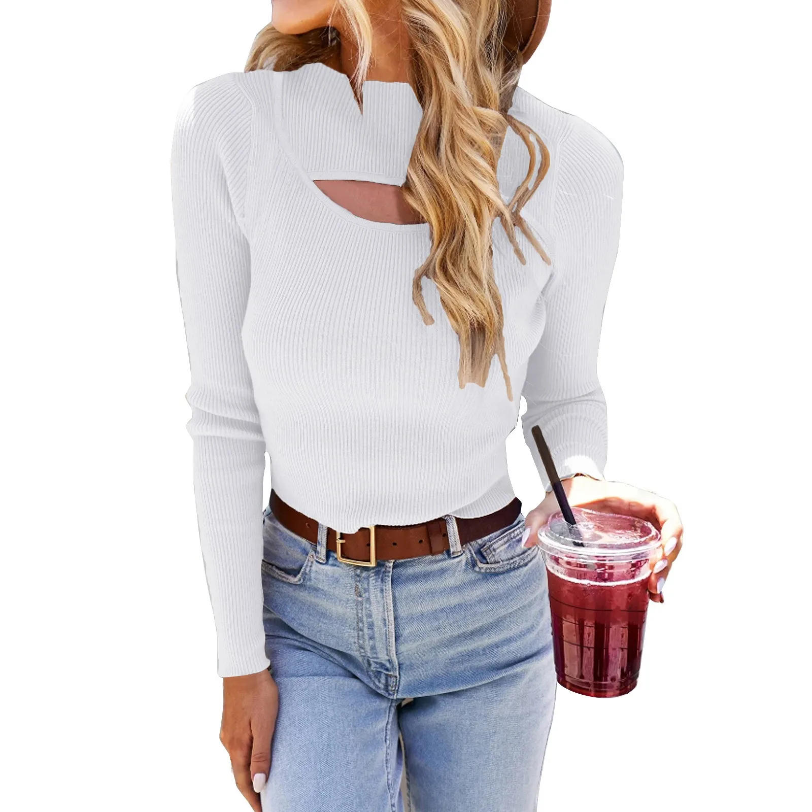 Women'S Slim T-Shirt Casual Hollow Knitted Base Sweater Top Basic Solid Simple Daily Long Sleeve Spring Autumn Style Tops