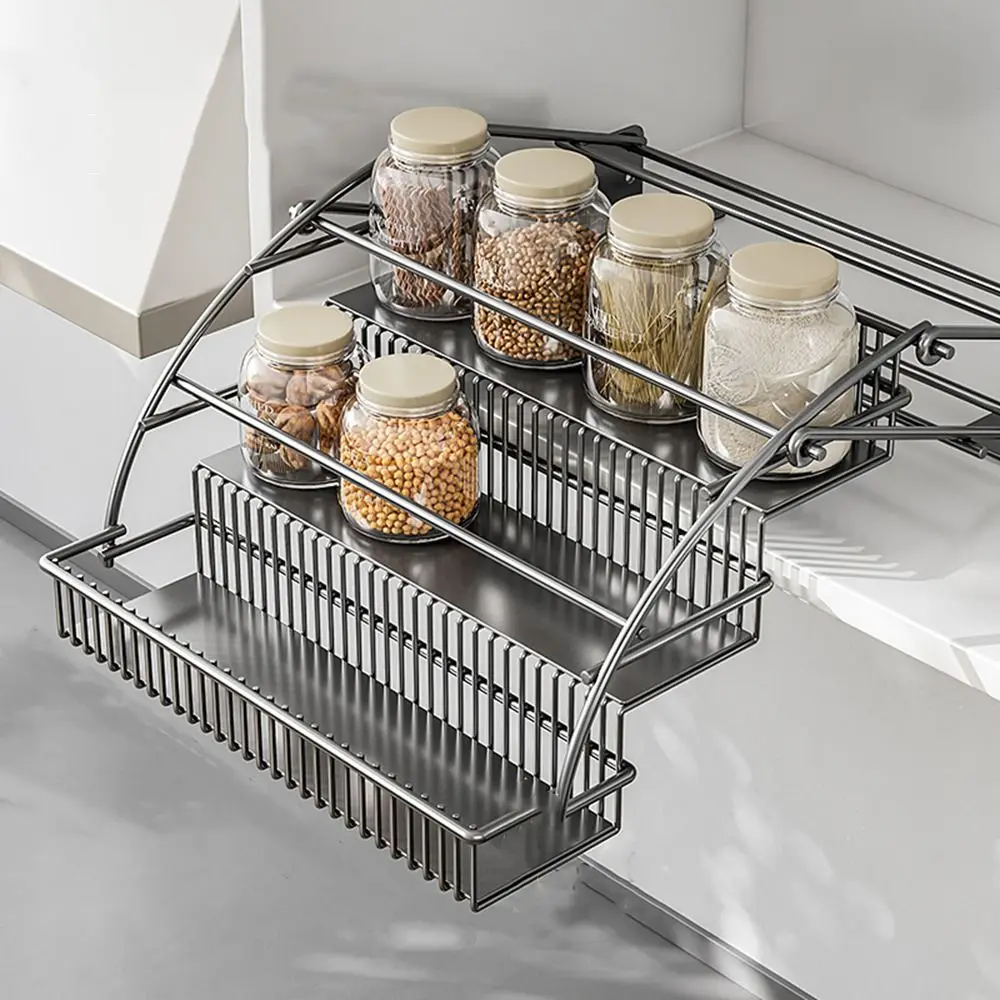 

Carbon Steel 3-Tier Pull Down Spice Rack Large Capacity Rust-proof Retractable Spice Rack Space Saving Strong Load-bearing
