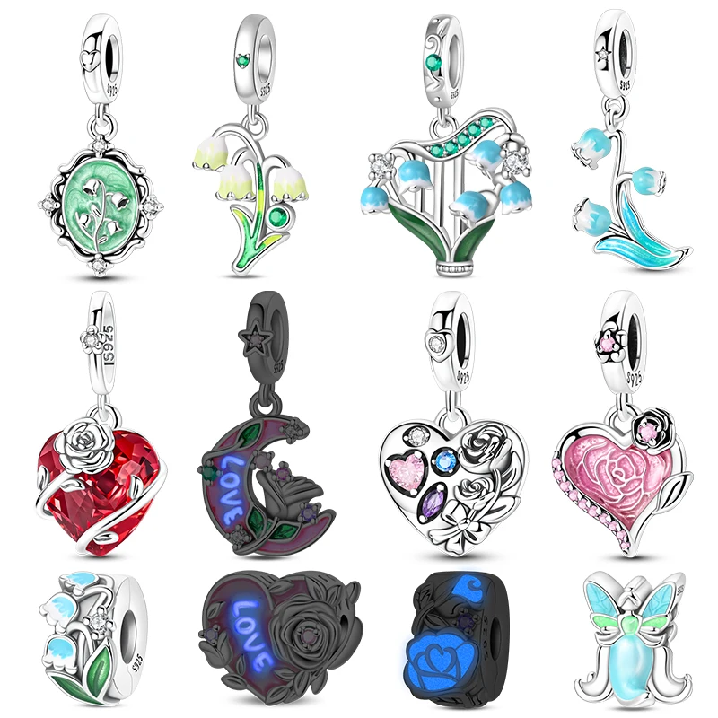 Romantic Flower Charms Bead 925 Sterling Silver Lily of the Valley Rose CZ Zircon Charm For Women DIY Bracelet Jewelry Gift