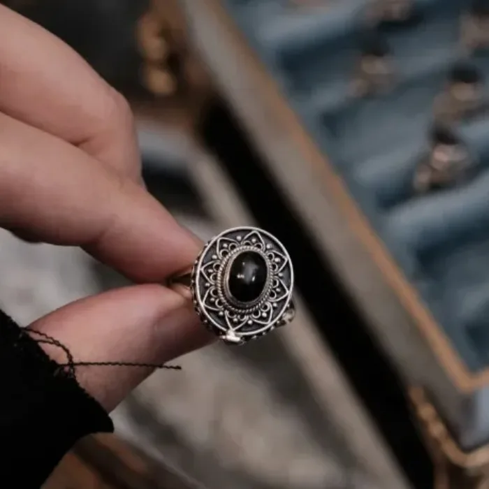 Newly Arrived Jewelry Carving of Ethnic Minority Patterns Inlaid Imitation Black Gemstone Can Be Opened Ring Man Mysterious Ring