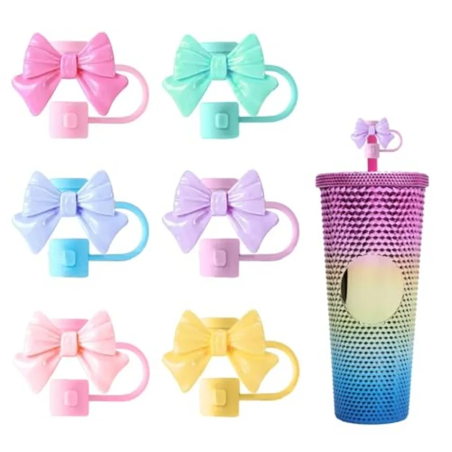 6Pcs Straw Cover for Starbucks Cup 78MM Silicone Straw Topper Cap for Tumblers Cute Bow Reusable Straw Protector Accessories Co