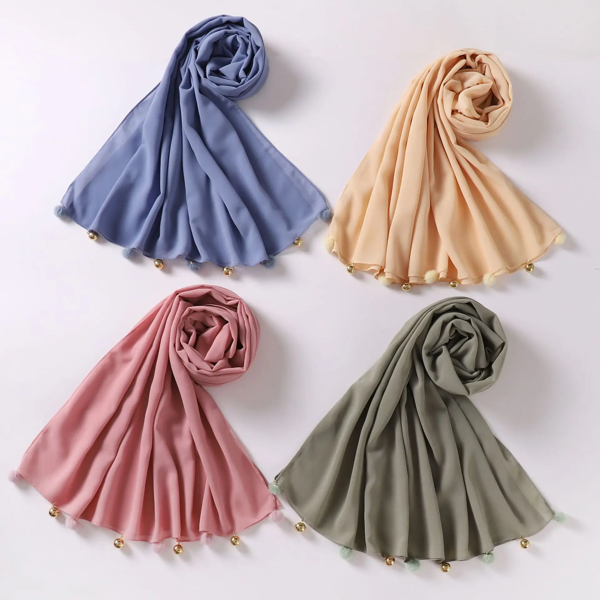 Écharpe en mousseline de soie avec pompons pour femme, châles ronds, hijabs, écharpe de sauna, étoles islamiques, bandanas, perles, pompons, nouveau