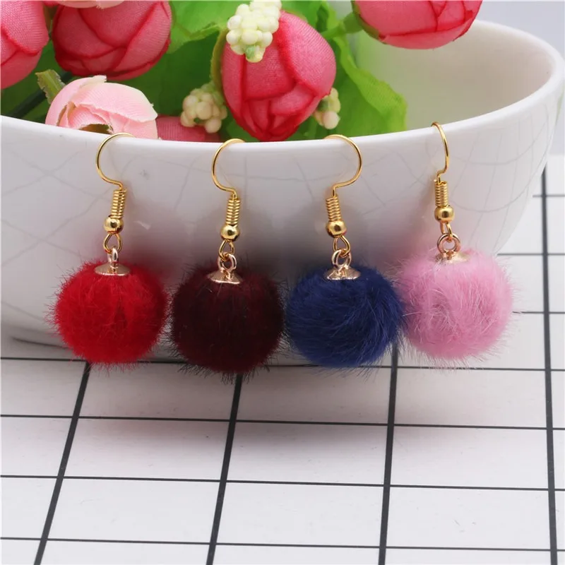 Korean Fashion Colored 1cm Faux Mink Fur Ball Versatile Internet Celebrity Hook Earrings Women Casual Jewelry Girl Party Gift