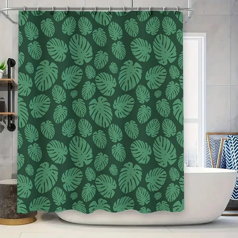 

~O~Green Monstera Leaf Shower Curtain, 3D Printed Waterproof Fabric, Polyester Home Decoration Bath Rug Cover with Hooks Size: L