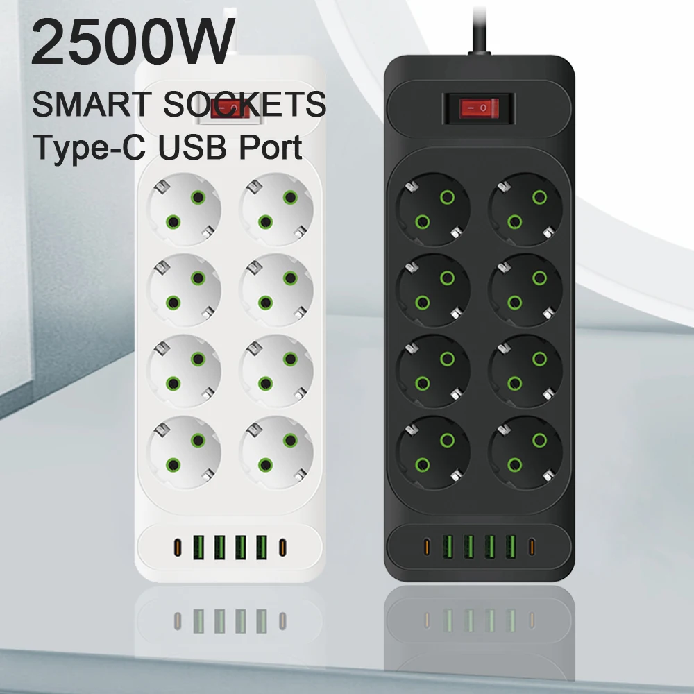 JFKDX EU 2500W Plug Travel Power Strip AC Outlets 2M Smart Extension Cable With 4 USB Ports 2 Type C Fast Charing Network Filter