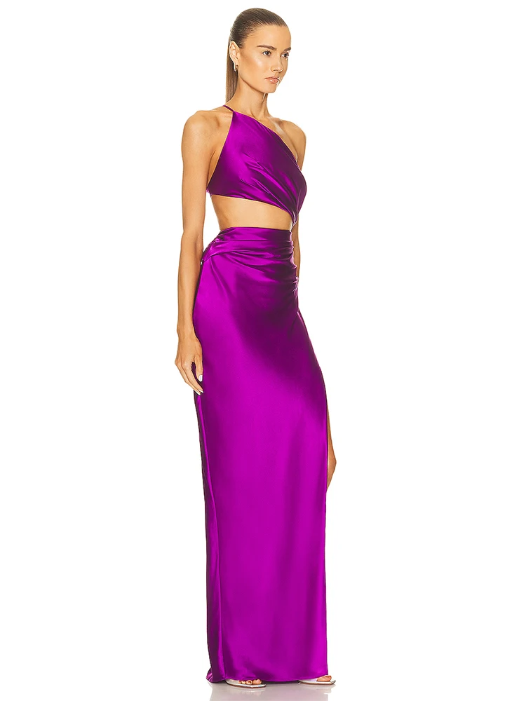 Women One-Shoulder Sleeveless Slit Long Dress Sexy Purple Slanted Neck High Split Slim Dress Summer Celebrity Party Club Dresses