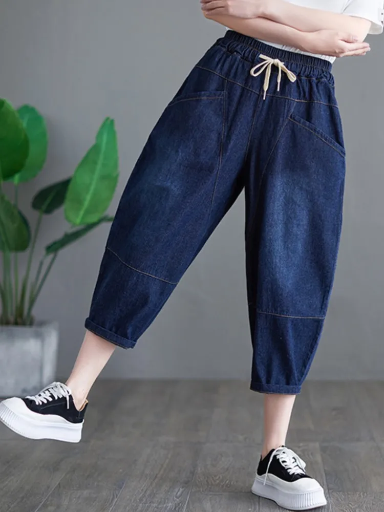 Oversized Jeans Zomer Elastische Hoge Taille Broek Vrouwen Losse Geplooide Mode Dames Broek Casual Vrouw Harem Broek