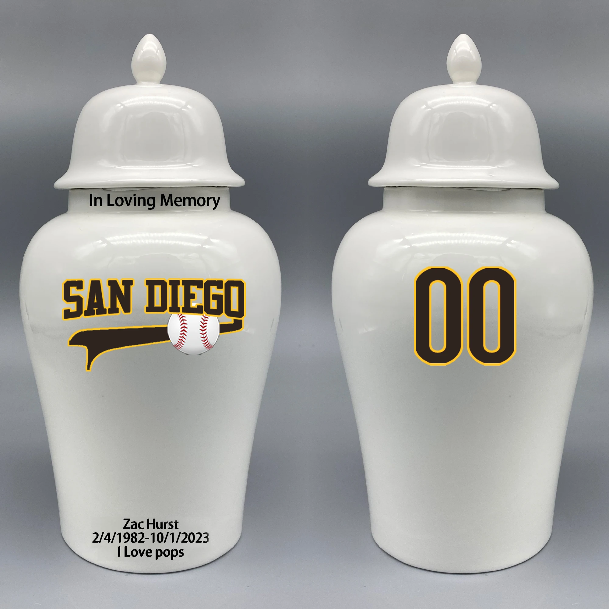 Large Urn for San Diego Padres-themed Logo Urn.Please send me the customize information-name/date and number on the urn