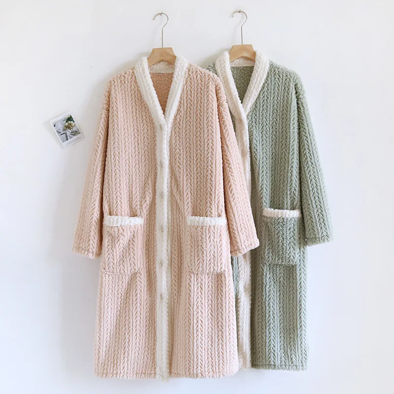 Coral Fleece Nightgown, Women's Autumn And Winter Long Style With Added Thick Flannel Bathrobe, Pajamas Robe Home Wear Woman