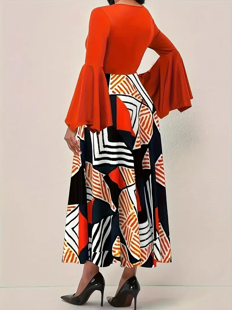 Robe trapèze à manches évasées à imprimé géométrique, robe élégante à col ras du cou et longueur de rinçage, vêtements pour femmes