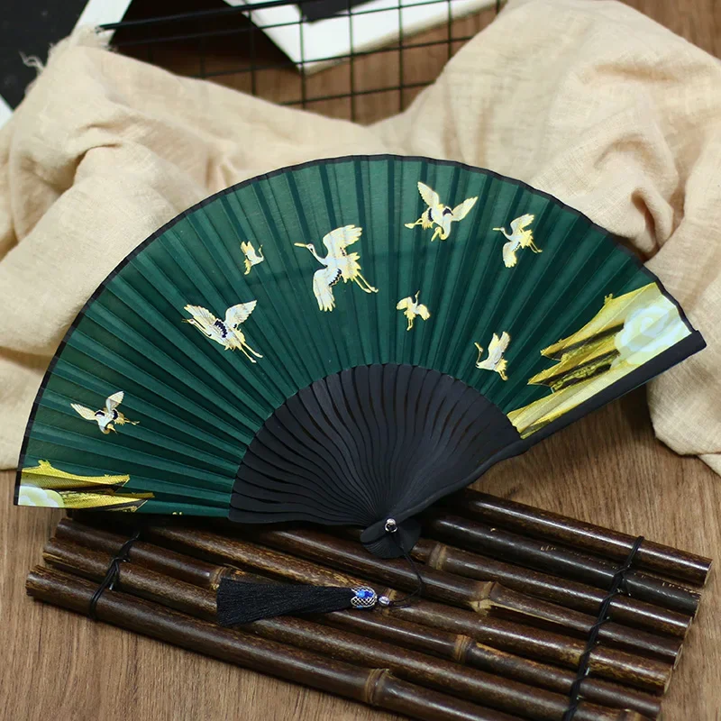 Ancient Style Silk Crane Auspicious Clouds Palace Folding Fan Summer Women Fan Small Portable Hanfu Fan 6 Colors Creative Gift