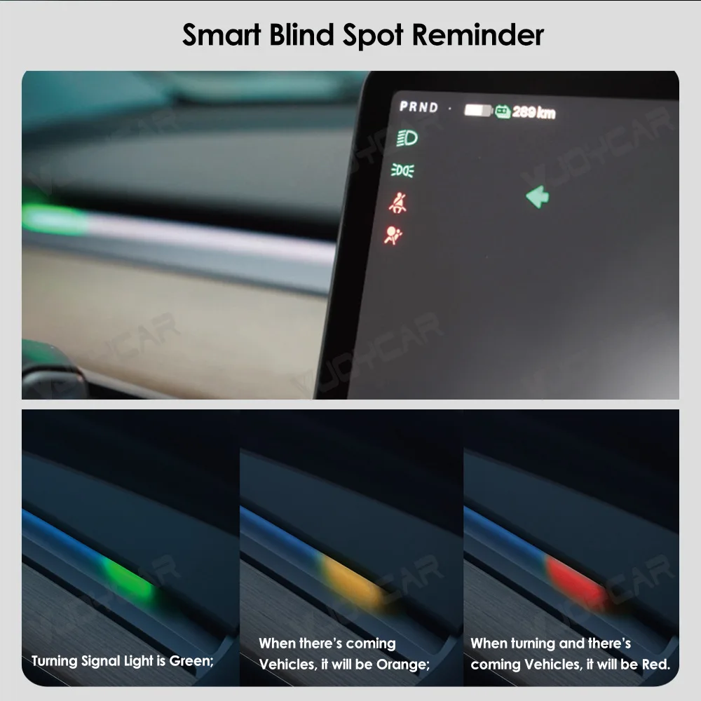 

New Y Juniper Dashboard Atmosphere LED Lights Screen Control Wuth Blind Spot Warning Light for Tesla Model 3 Y RGB Brighten Lamp