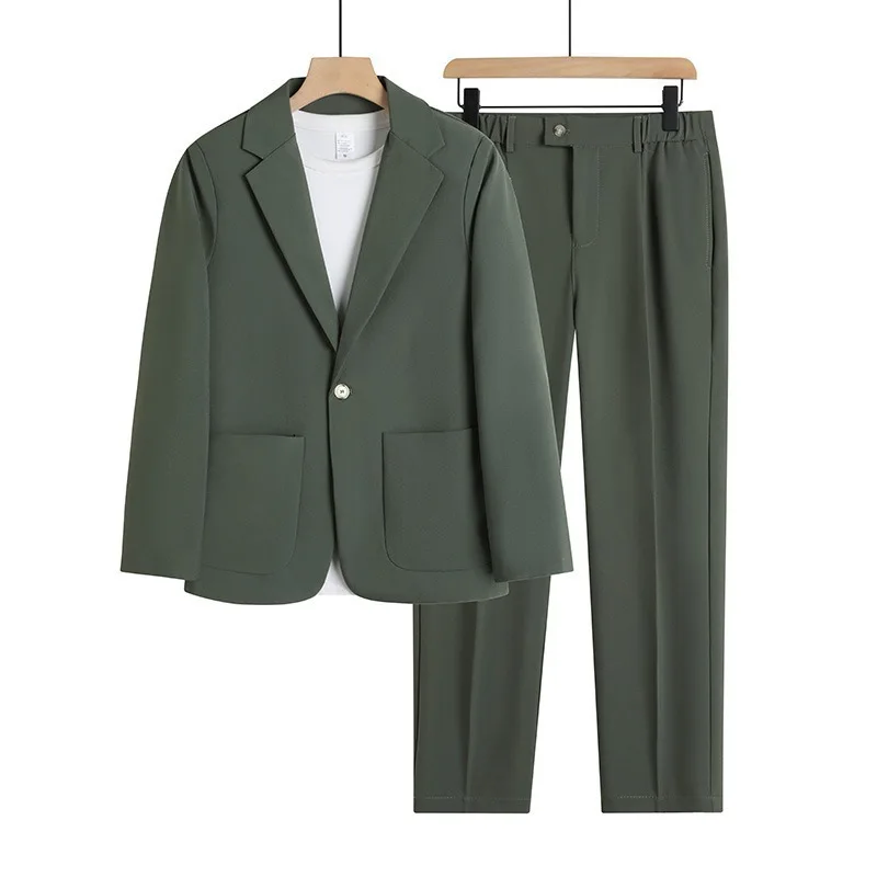 Men Loose Casual Suit 2 Piece Set High Drape Solid Blazer Straight Trouser Elegant Business Office Outfit Daily Wear Formal Suit