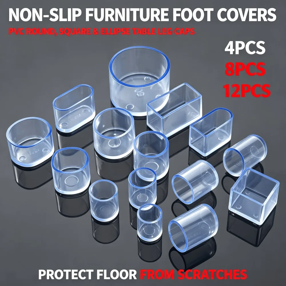 4/8/12Pcs Round Square PVC Furniture Foot Caps, Non Slip Table Chair Leg Pad, Anti-Scratch Floor Protector Reduce Moving Noise