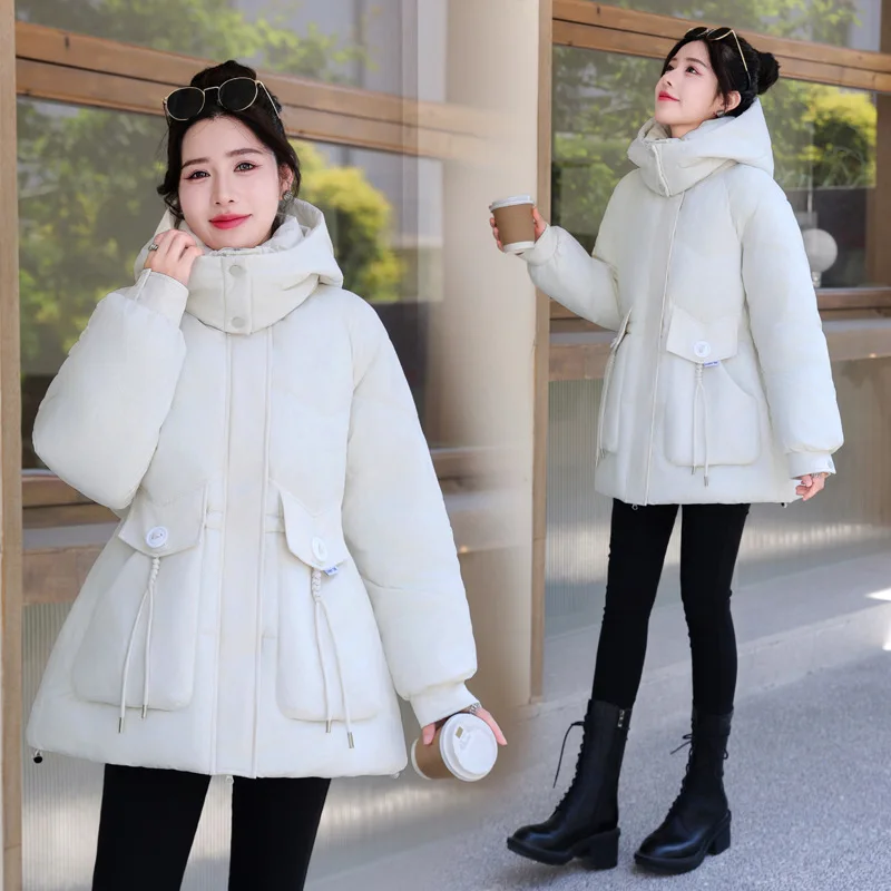 2025 Winter Women Hooded Jacket Coats Mid Long Parkas Female Down Cotton Overcoat Thick Warm Padded Casual Windbreaker Outerwear
