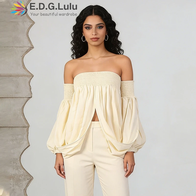 

EDGLuLu 2026 Spring New Korean Design Blouse Women Sexy Off Shoulder Top Pure Spicy Girl Casual Shirt 0404