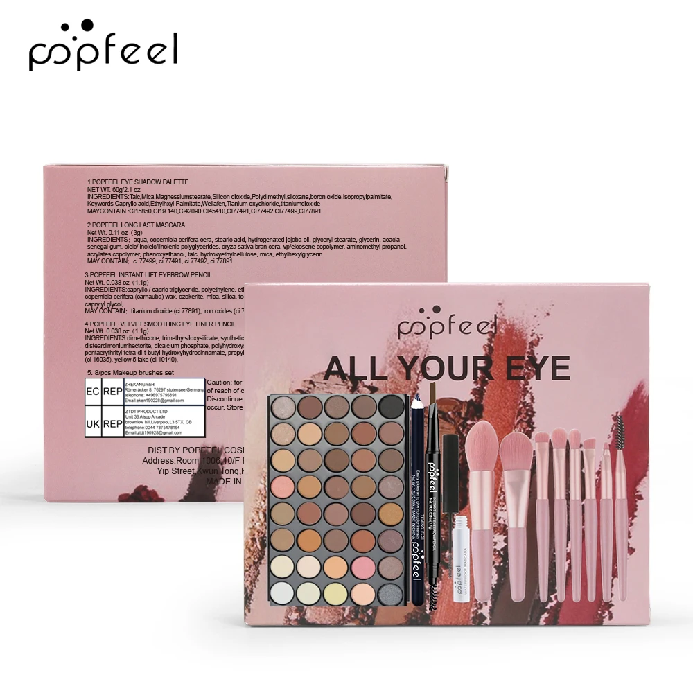 Juego de paleta de sombras de ojos, lápiz de cejas, delineador de ojos, rímel con un juego de pinceles de maquillaje, cosméticos para ojos, 40 colores