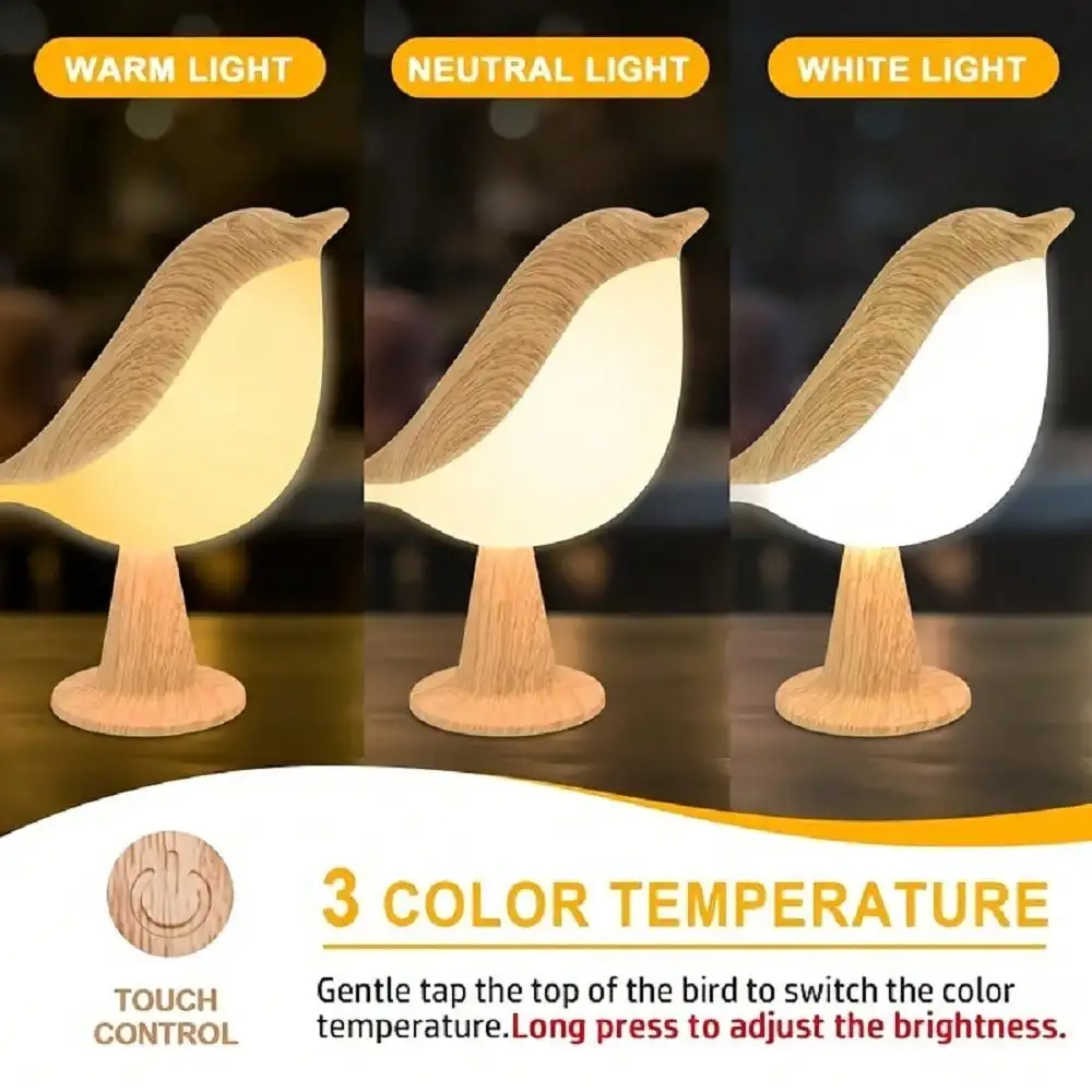 Touch-Controlled Bird Night Light, 3-Color Dimmable Rechargeable, Bedroom Decor & Holiday Gift