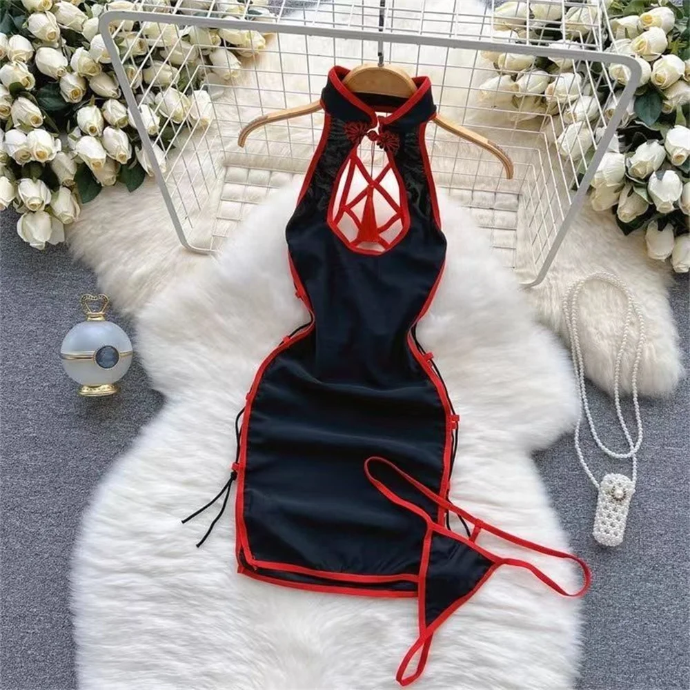 Sexy Slim Chinese Cheongsam Halter Nightwear Lingerie Halter Hollow Tassel Sleeveless Strap Dress Erotic Women Nightgown Pajama