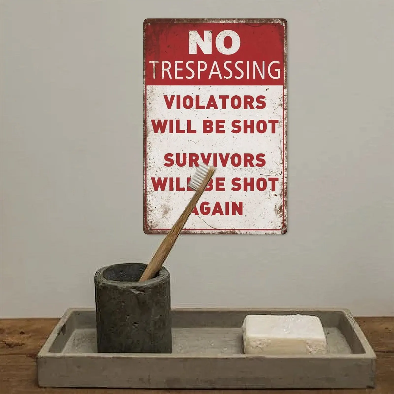 Vintage No Trespassing Violators Will Be Shot Survivors Will Be Shot Again Tin Sign, Retro Funny Warning Metal Wall Art, Rustic