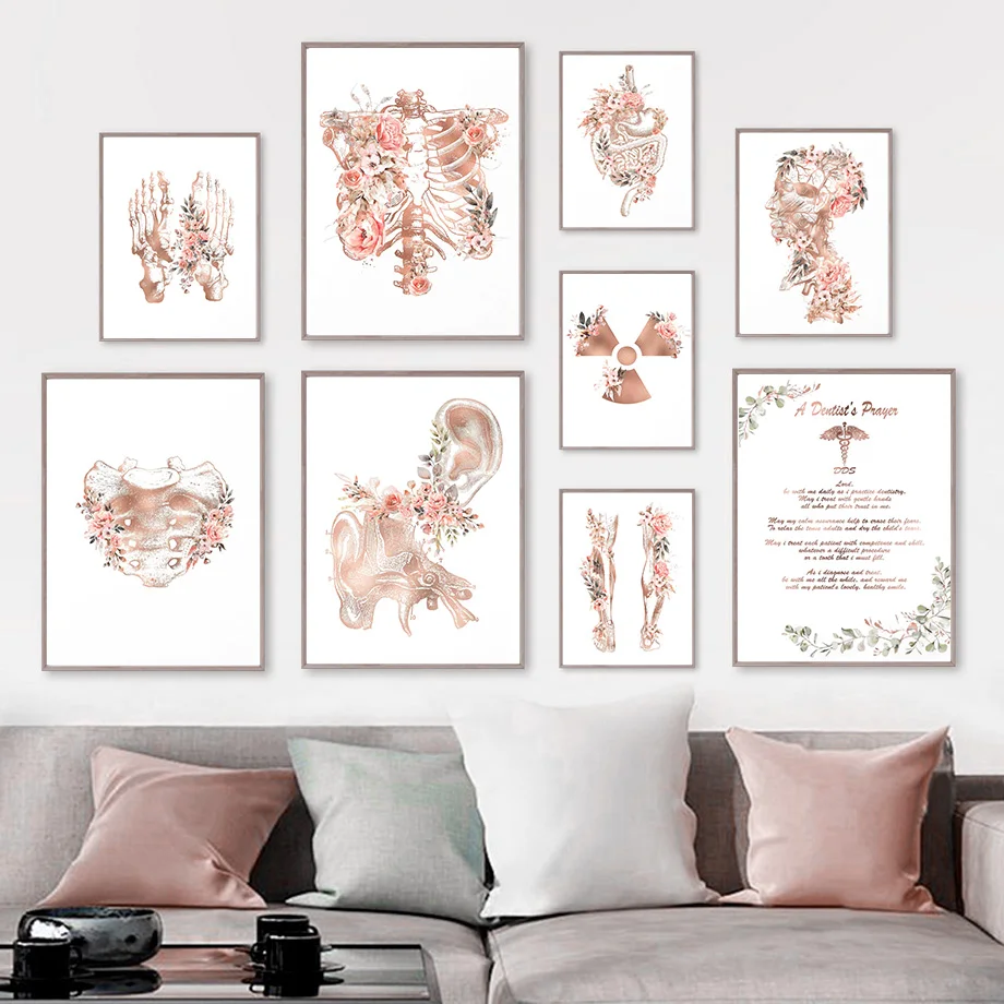 Flower Heart Lung Brain Skeleton Abstract Medical Anatomy Posters And Prints Wall Art Canvas Painting Pictures Doctor Room Decor