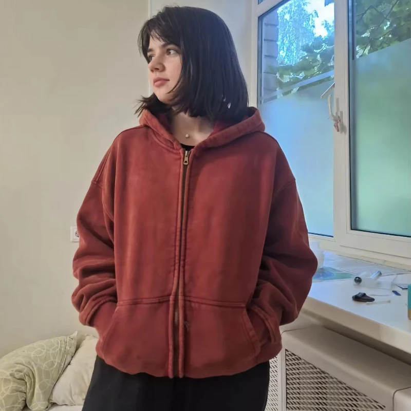 

Autumn and winter couple sweatshirt jacket European and American high street washing old plus velvet double-head zipper hoodie