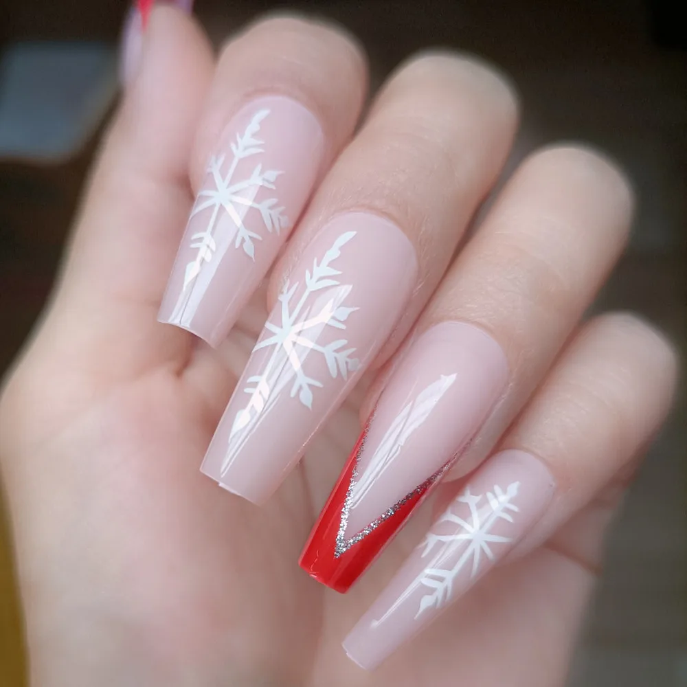 

24Pcs Christmas Red French Fake Nails With Glue Stickers Snowflakes Pattern Acrylic Press On Nails DIY Finger Manicure Accessory