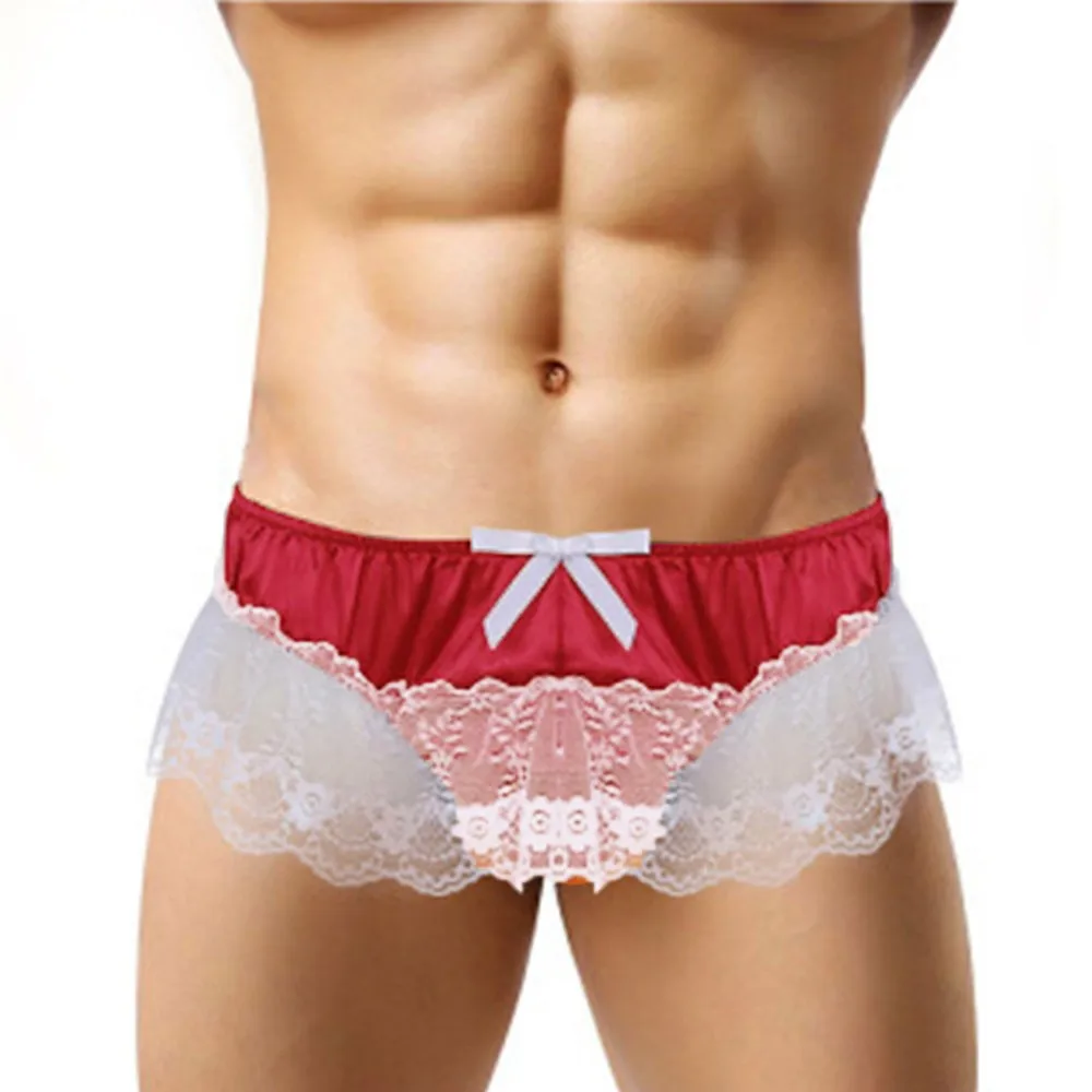 Homens Sexy Renda G-Strings Sissy T-Back Ruffle Pouch Calcinhas, Cuecas de Cetim, Roupa Interior Respirável, Roupa Gay, Lingerie Erótica