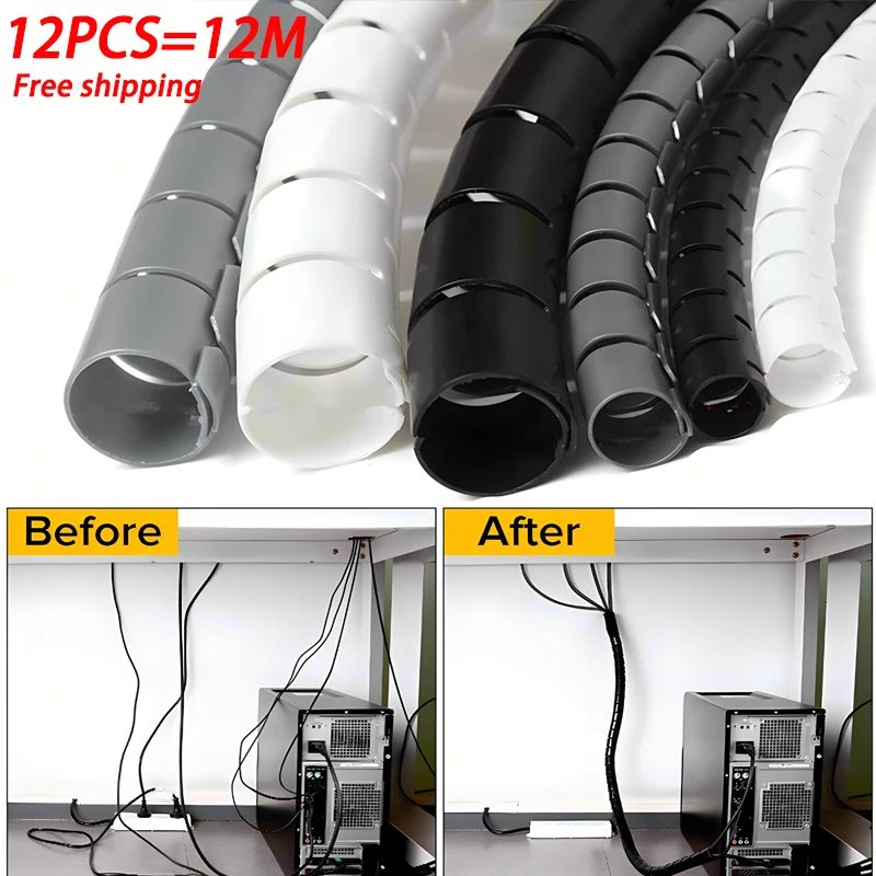 12pcs Flexible Spiral Cable Wire Protector Cable Organizer Computer Cord Protective Tube Clip Organizer Management Tools 16/28mm