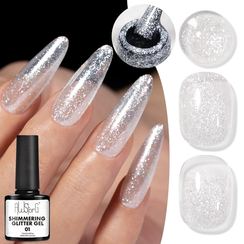 AWStroG Schimmernder Glitzer UV-Gel-Nagellack 7,5ml Abziehbarer Silber-Pailletten-Gel-Lack für Lange Mandelförmige Nägel DIY 3D Nagel-Charms