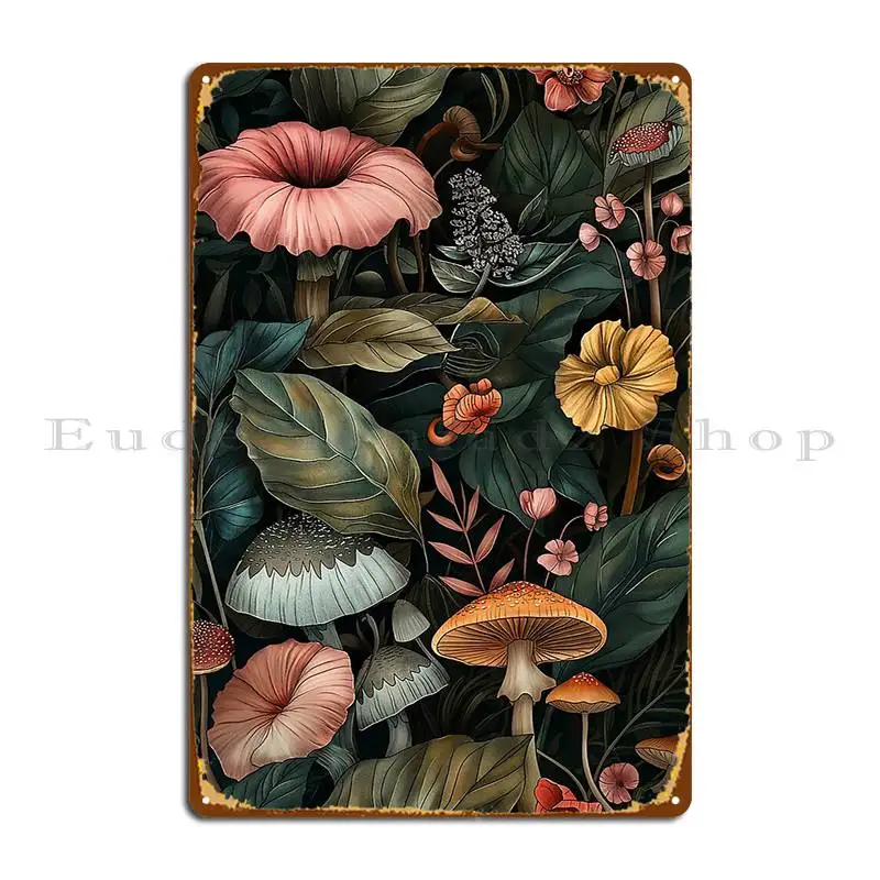 Enigmatic Mushrooms And Flowers Metal Sign Living Room Printed Cinema Party Wall Plaque Tin Sign Poster