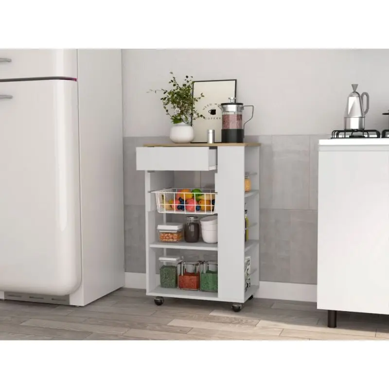 

White and Light Oak 5-Shelf 1-Drawer Kitchen Cart