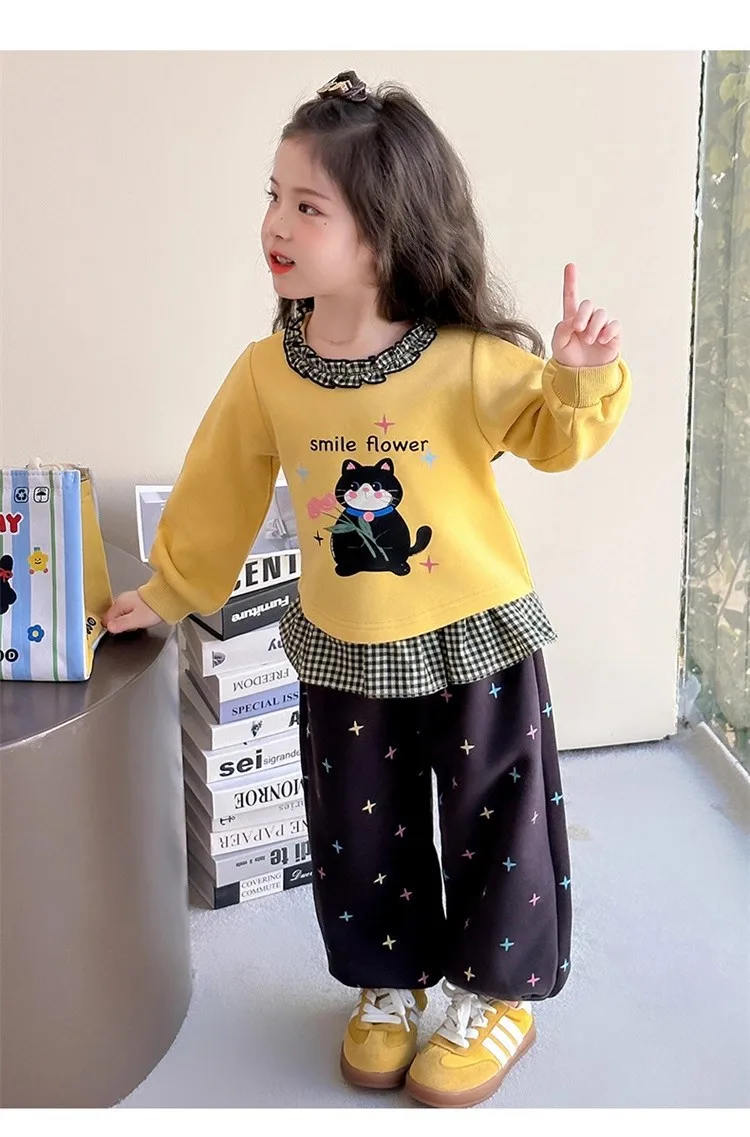 2026 Herbst Baby-Mädchen-Kleidungssets, Kinder-Sweatshirt mit Rüschenkragen und Cartoon-Print + Hose mit Sternenmuster, 2-teiliger Freizeitanzug für Kinder – Detail 11