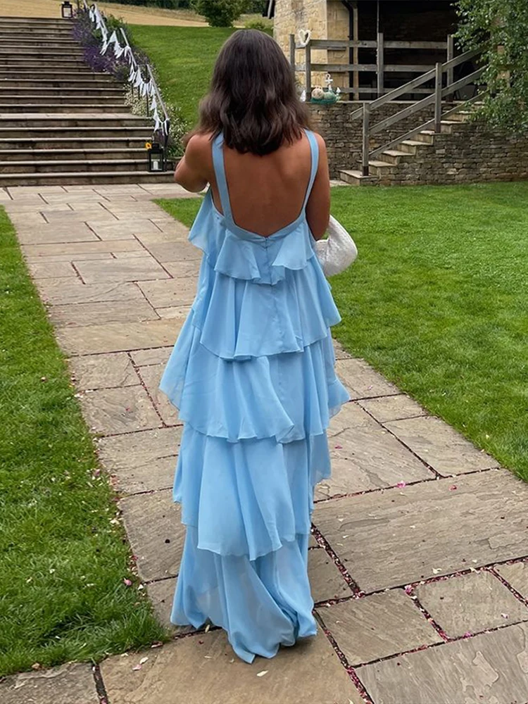 Cascading Ruffles Long Dresses Elegant 3D Flower Chiffon Halter Backless Sleeveless Cake Dress 2025 Summer Lady Club Party Robes