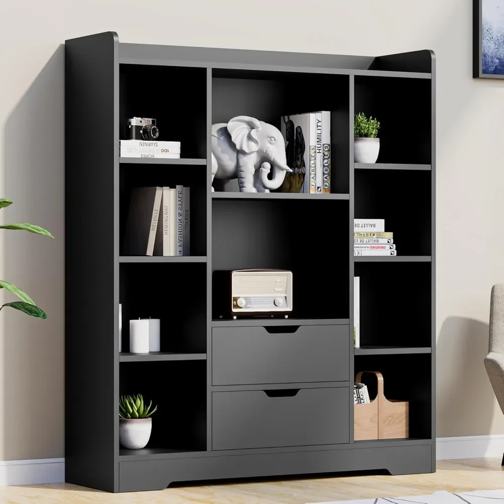 Cozy Castle Black Bookshelf, 4-Tier Open Shelf Bookcase with 2 Drawers and 10 Cubes, Wood Cube Storage Organizer Shelf for Bedro