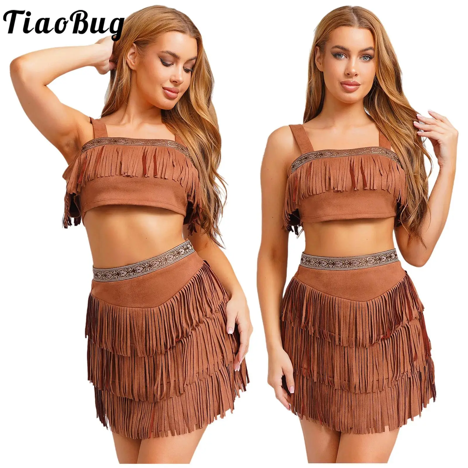 

Women Native Princess Halloween Costumes Aboriginal Tribe Dresses Cosplay OutfitsTassel Faux Suede Sling Crop Top and Mini Skirt