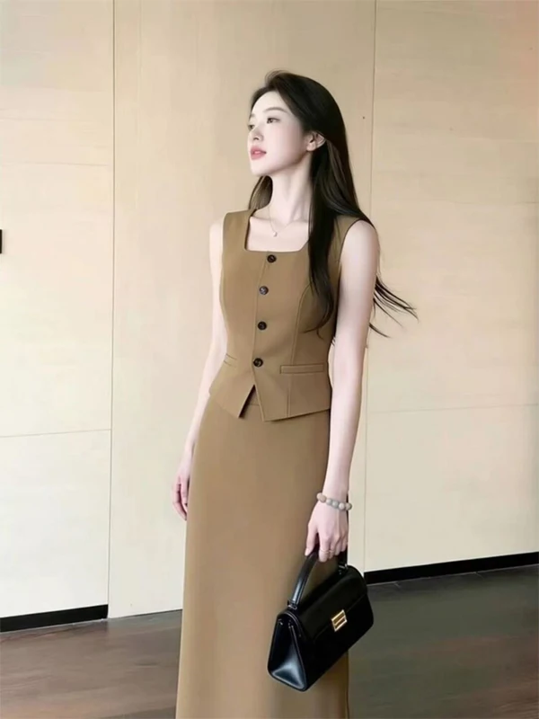 

Fashionable Retro Simple Brown Sleeveless Top And Skirt Set Women's Clothing Mid-Length High-Waisted Midi Skirt Summer Outfit