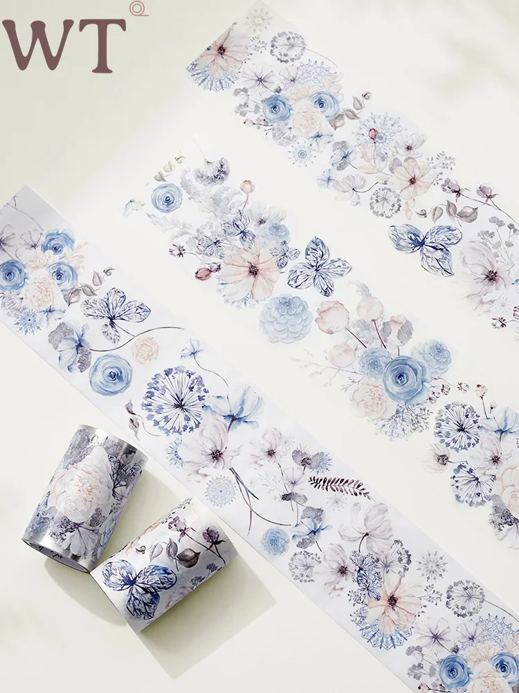 Azul e branco flor de óleo especial Washi Tape, PET cristal tinta fita adesiva, inverno rolo nevado Scrapbooking