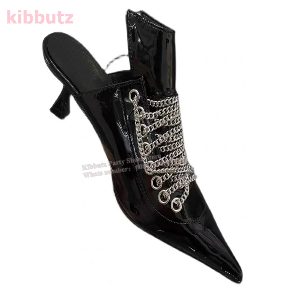 Metal Chain Slippers Pumps Pointed Toe Kitten Heel Genuine Leather Solid Black Retro Fashion Sexy Elegant Women Shoes 2023Newest