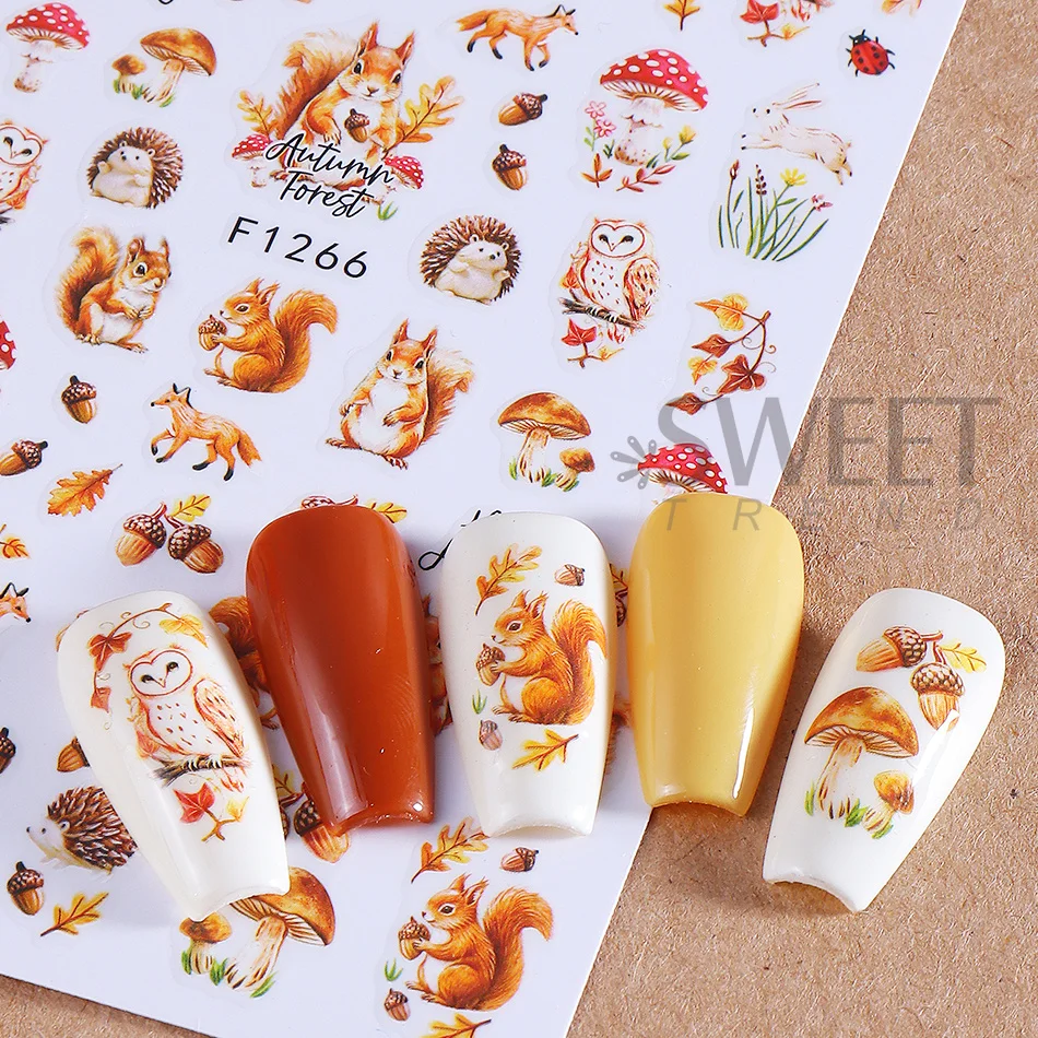 5 Stück Herbst-Nagelsticker, 3D, selbstklebend, Ahornblatt, Eichhörnchen, Fuchs, Igel, Kaffeetasse, Nageldekor, Thanksgiving-Maniküre-Dekoration – Detail 8