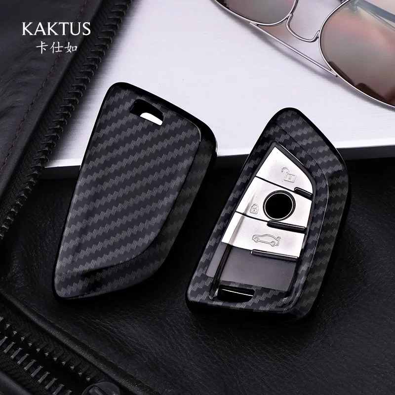 2024 Carbon Fiber Pattern Hard Car Key Cover Purse Key Chain for BMW 2018 5 7 Series Key X1 X3 X5 Blade Key Pack Case Buckle