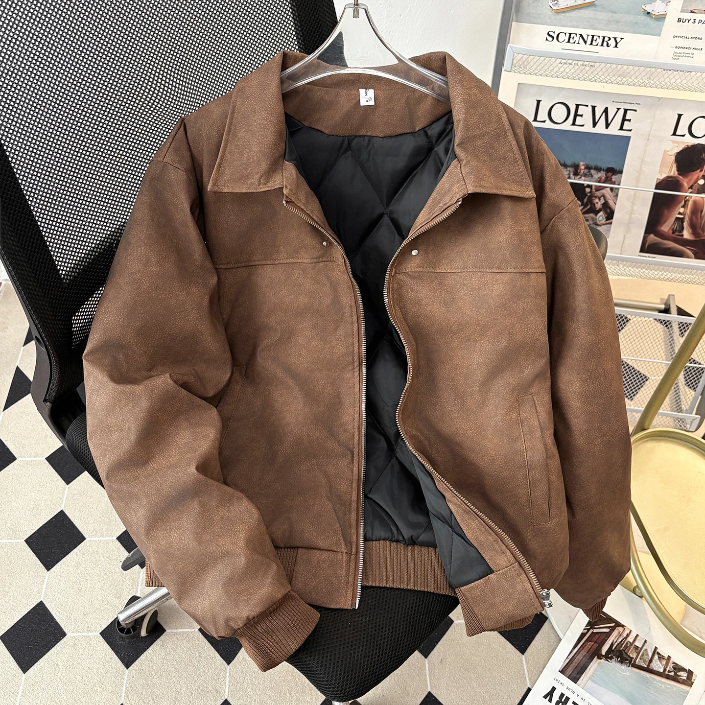 

American Sle Brown Collar Leather Jaet Men's High-End Retro Cool Motorcycle Jaet Couple's Sle Marbled Cotton Coat