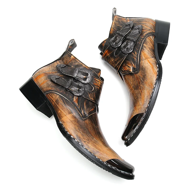 Autumn Winter Shoes Men Genuine Leather Retro Color Man Ankle Boots Double Buckle Dress Party Cowboy Boots Metal Botas Hombre