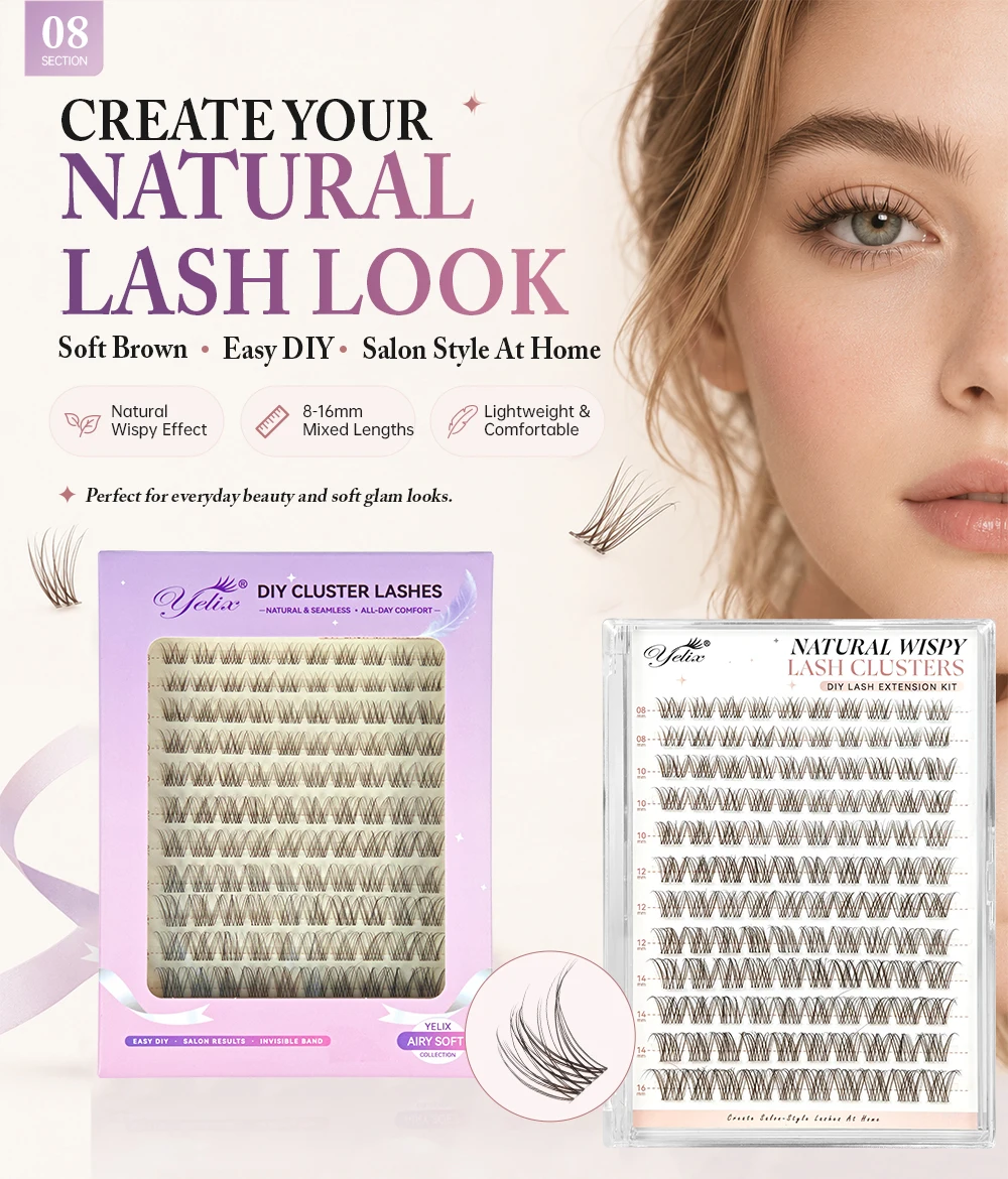 Yelix Natürliche Braune Wispy Cluster Wimpern Gemischt 8-16mm Unsichtbares Weiches Band DIY Wimpernverlängerungen für Heim- und Salongebrauch – Detail 8
